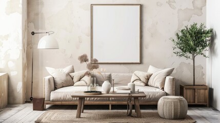 mock up poster frame in modern interior background, living room, Scandinavian style, 3D render
