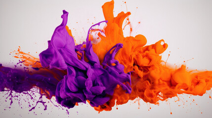 Dynamic splashes of neon orange and electric purple agnst a pure white background, igniting the imagination with their intensity. - obrazy, fototapety, plakaty
