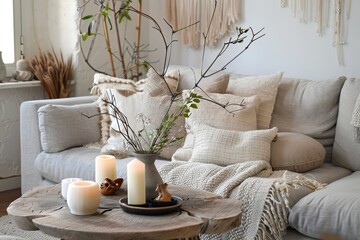 Modern boho living room with light gray sofa, cozy decorations and wooden table with candles