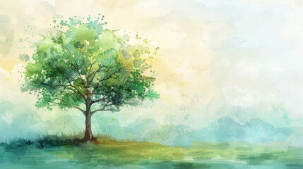 A peaceful watercolor painting depicting a single tree with a lush green canopy set against a soft, pastel background.