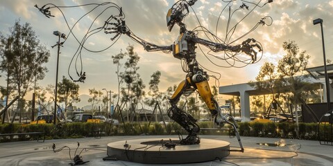 A large metal sculpture of a robot with long arms and legs stands in an urban park. The sculpture is made of yellow metal and has a steampunk aesthetic.