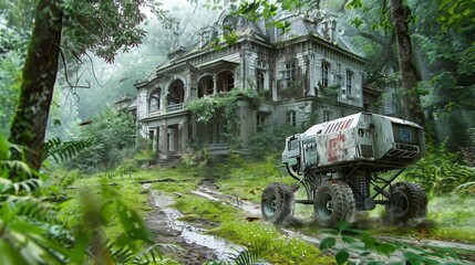 A lone vehicle drives through the overgrown ruins of a once great city.