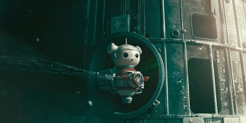 A small robot floats in a large pipe.