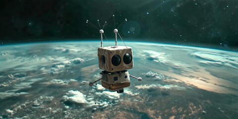 A cute robot is floating in space with the Earth in the background.