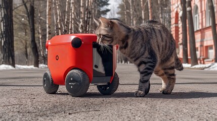 A cat sniffs a delivery robot on the sidewalk.