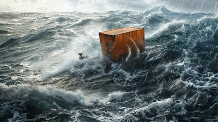 A wooden crate floats in a stormy sea. Waves crash over the crate as it bobs up and down. A man in a red life jacket struggles to stay afloat next to the crate.