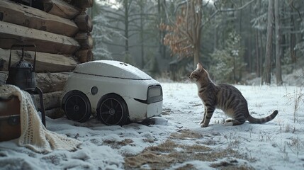 A cat sits next to a delivery robot in the snow.