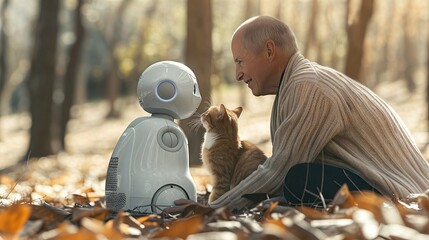 An elderly man kneels in the woods with his robotic pet.
