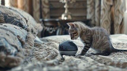 A cute tabby kitten curiously investigates a small silver robot on a bedspread with a blurry background.