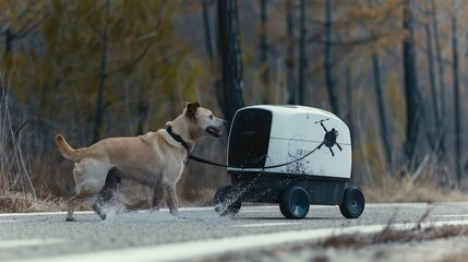 An autonomous robot pulls a dog on a leash