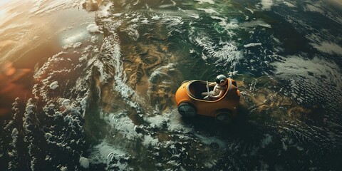 An astronaut drives a yellow toy car on the surface of a planet.