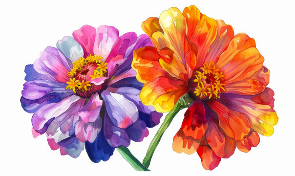 A detailed watercolor painting featuring two large, multicolored Zinnia flowers with intricate petals.