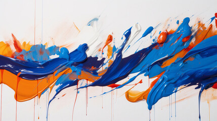 Dynamic strokes of electric blue and fiery orange on a pure white backdrop, creating a visually striking contrast.