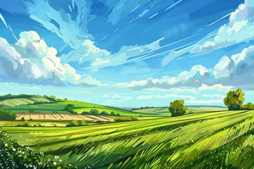 Stoff pro Meter Serene rural landscape with green fields under blue sky, perfect for nature lovers © Sergej Gerasimov