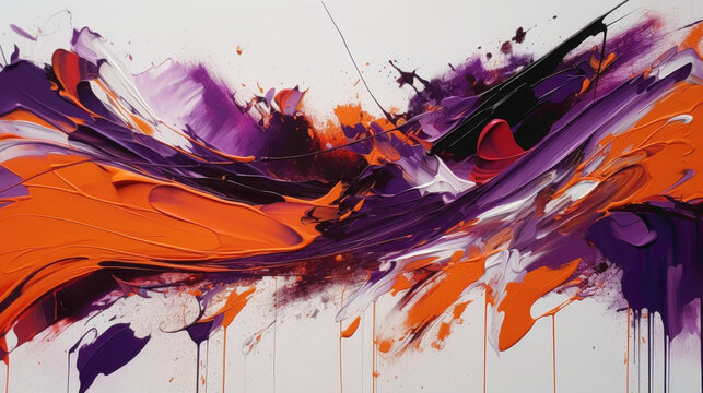Dynamic strokes of vibrant purple and electric orange on a pristine white backdrop, expressing a sense of dynamism and energy.
