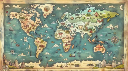 world map with animals and geography