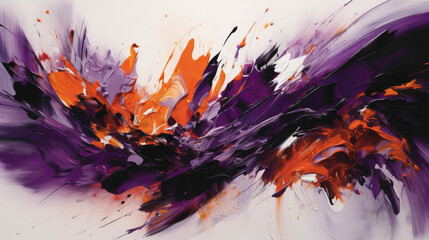 Dynamic strokes of vibrant purple and electric orange on a pristine white backdrop, expressing a sense of dynamism and energy.