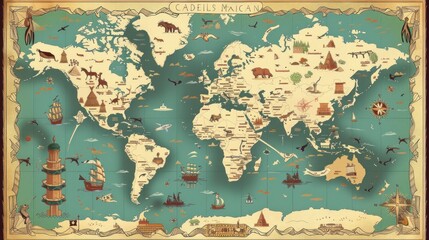 world map with animals and geography of each country in high resolution and high quality. map concept,cartoon