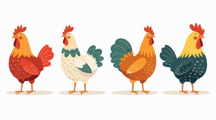 A collection of vibrant cartoon roosters presented in varied colors and poses on a plain background.