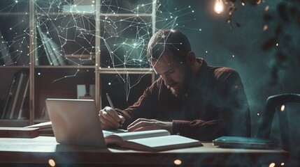 Focused man surrounded by glowing shapes, illustration creativity and inspiration.