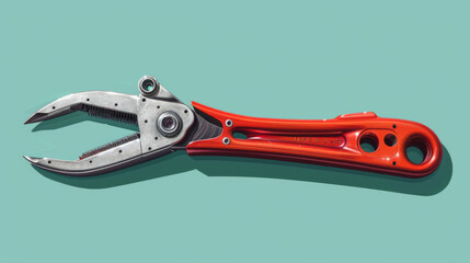 Fototapeta premium Bright red multitool pliers open with multiple functions isolated on a teal background.