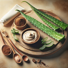 Aloe vera cosmetic cream raw aloe leaves sandy background. Natural skincare product concept organic - 782550084