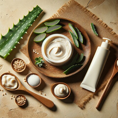 Aloe vera cosmetic cream raw aloe leaves sandy background. Natural skincare product concept organic - 782550096