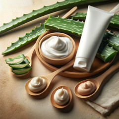 Aloe vera cosmetic cream raw aloe leaves sandy background. Natural skincare product concept organic - 782550099