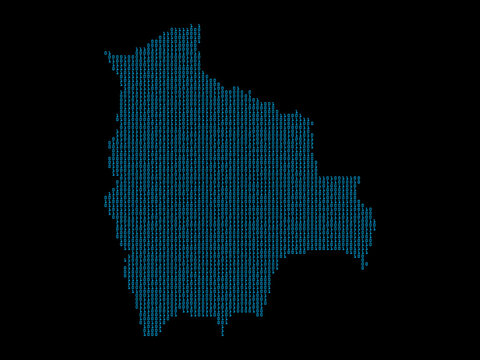 A sketching style of the map Bolivia, consisting of blue binary code. An abstract image for a geographical design template. Image isolated on black background.