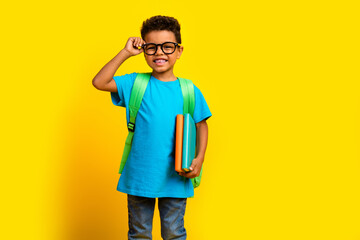 Photo of funky cheerful preteen boy wear blue t-shirt spectacles holding notepads empty space...