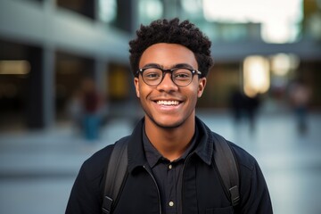 Face portrait of a smiling black man, blurred city street. African American student