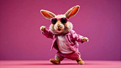 funny rabbit dancing luxury with sunglasses with pink light background generative AI