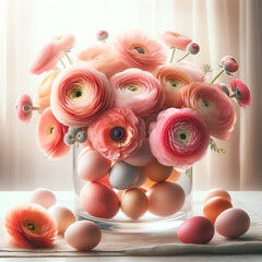 Easter floral arrangement spring flowers decorated eggs vase. Festive spring celebration concept - 782551002