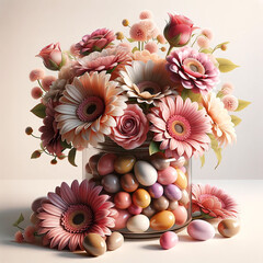 Easter floral arrangement spring flowers decorated eggs vase. Festive spring celebration concept - 782551003