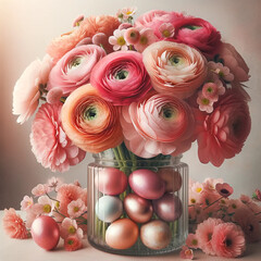 Easter floral arrangement spring flowers decorated eggs vase. Festive spring celebration concept - 782551010