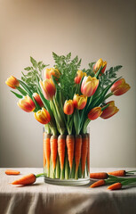 Creative and vibrant tulip bouquet in a carrot vase with ferns. Unique spring floral concept - 782551011