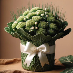 Easter floral arrangement with spring flowers and decorative cabbage vase. - 782551018