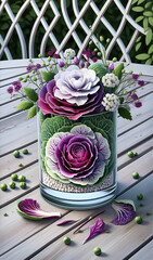 Easter floral arrangement with spring flowers and decorative cabbage vase. - 782551033