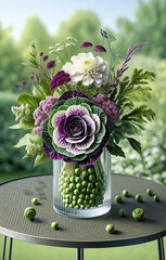 Easter floral arrangement with spring flowers and decorative cabbage vase. - 782551034