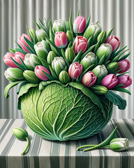Easter floral arrangement with spring flowers and decorative cabbage vase. - 782551044
