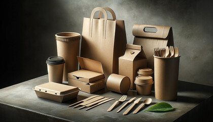Sustainable packaging concept with an assortment of eco-friendly containers, bags gray background - 782551055