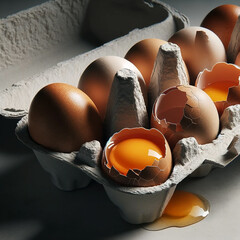 Standout raw egg with yolk among uniform white eggs. Concept of uniqueness and natural food - 782551075