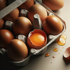 Standout raw egg with yolk among uniform white eggs. Concept of uniqueness and natural food - 782551081