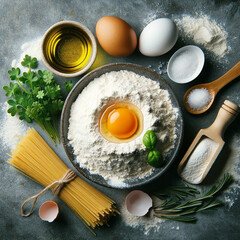 Ingredients for cooking with eggs, flour, olive oil, fresh herbs. Culinary background with raw food components - 782551093