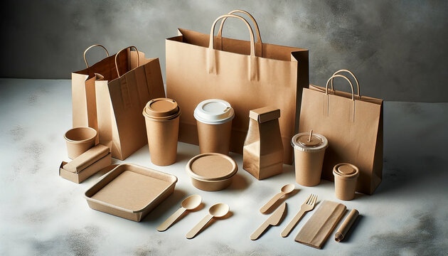 Eco-friendly packaging assortment for food takeaway. Sustainable food packaging concept