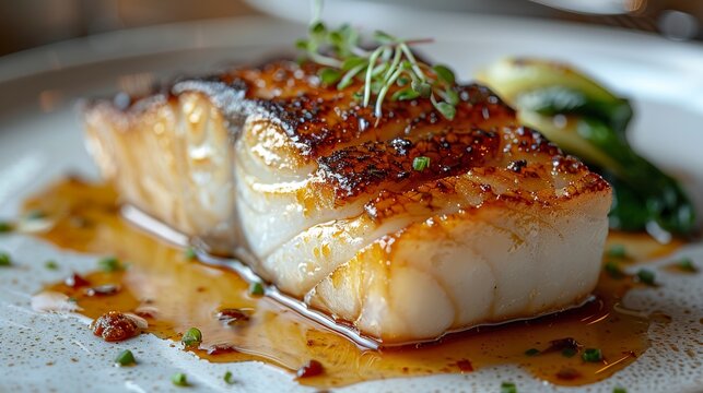 A medium-full portion of black cod served on a white plate, resting on a bed of vibrant green pak choi. Fish well presented with a golden-brown coating.