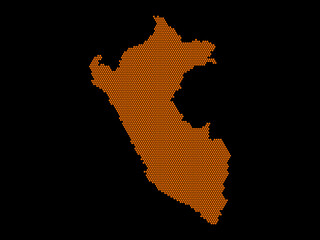 A sketching style of the map Peru, consisting of orange hexagons. An abstract image for a geographical design template. Image isolated on black background.