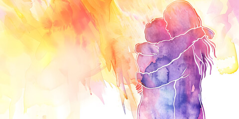 Water color painting of a mother and kid hugging for mother day banner design - obrazy, fototapety, plakaty