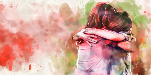 Water color painting of a mother and kid hugging for mother day banner design