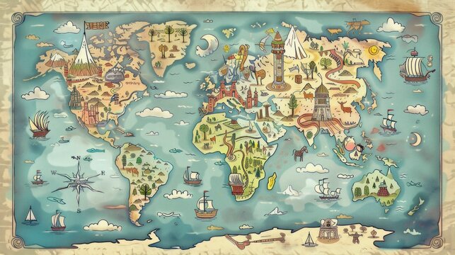 GLOBAL ANTIQUE MAP with animals and architecture